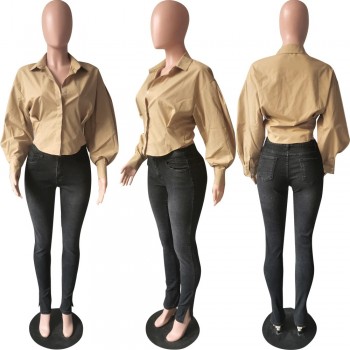 Women Long Lantern Sleeve Button Shirt Elegant Chic Tunic Blouse Tops